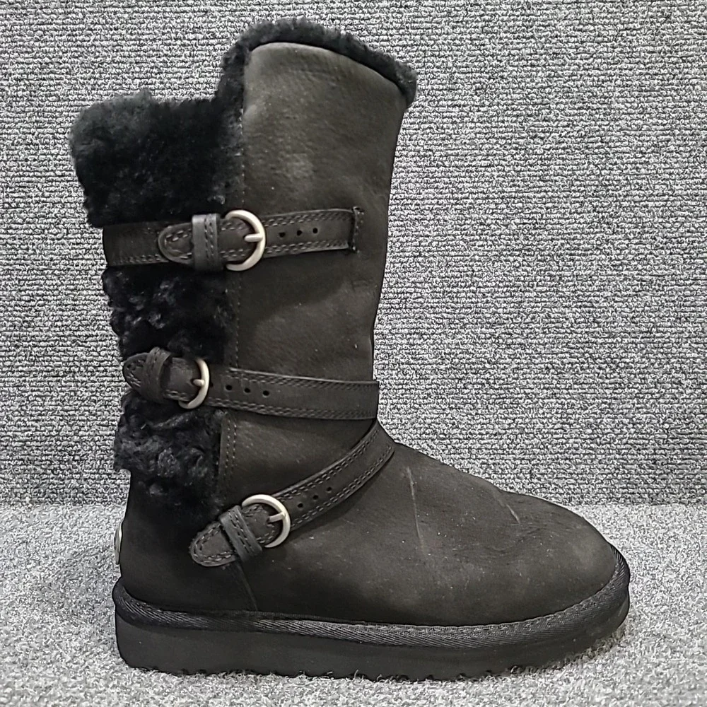 UGG Australia Becket Black Leather Sheepskin Boots Moto Buckle Kid's Size 1